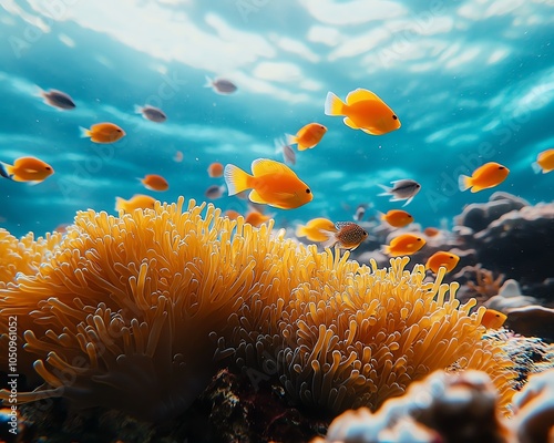 Stunning underwater landscape featuring a vibrant coral reef and colorful tropical fish, intricate details, ideal for nature photography and oceanography studies photo