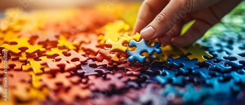 Team of employees participating in a colorful puzzle game during a teambuilding event, fostering connections and collaboration, photorealistic details, great for social media photo