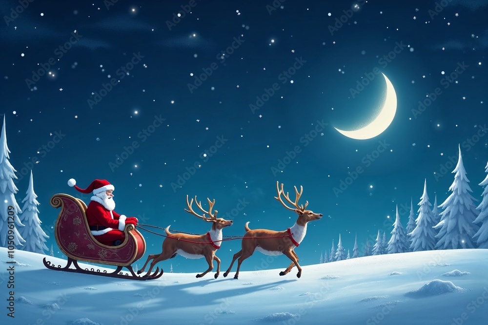 Santa Claus on his journey, joyful mood, riding a sleigh pulled by ...
