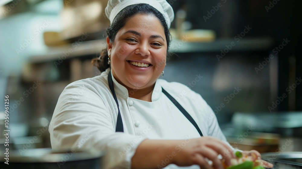 Obraz premium Happy plus-size female chef preparing fresh ingredients in a professional kitchen, wearing a traditional white uniform and chef's hat, exuding warmth and expertise