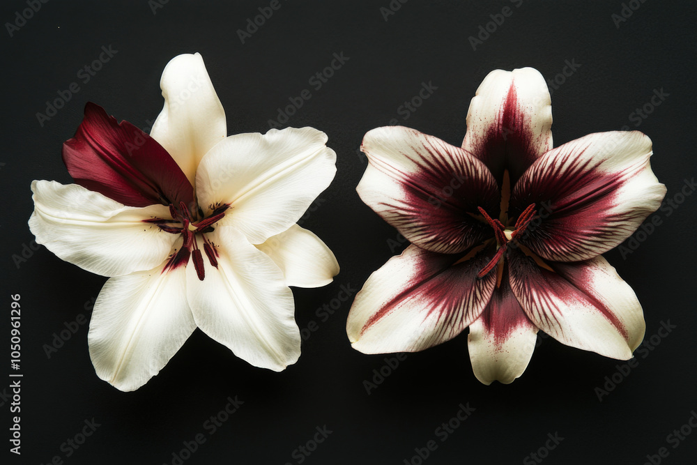 Fototapeta premium Two large, cream and burgundy, star-shaped lilies, with a dark background, photographed from above.