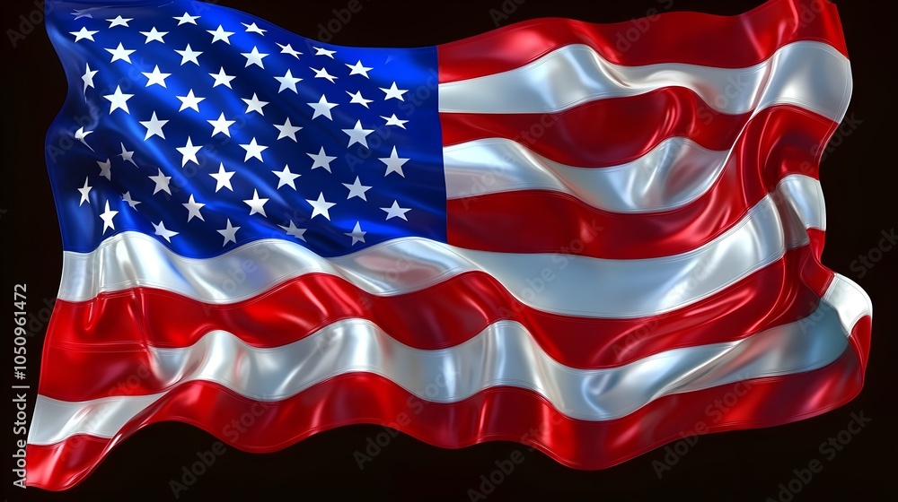 Obraz premium American flag on dark background, bold lighting, metallic sheen, dramatic contrast, vibrant blue and red tones, 3D rendering, patriotic symbolism