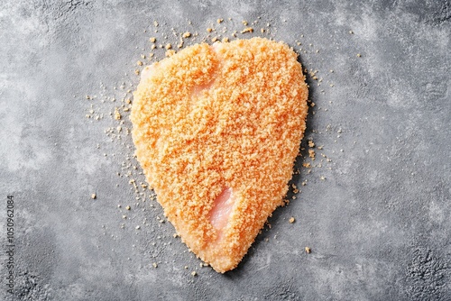 Raw chicken schnitzel in breadcrumbs. Gray background. Top view