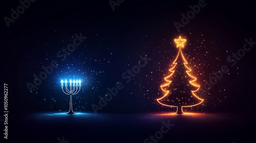 A festive illustration showcasing a blue menorah and an orange Christmas tree, symbolizing holiday celebrations. photo