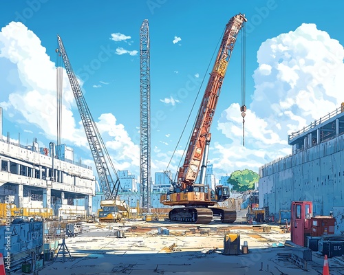 Detailed image of a construction site with large cranes and equipment working, bright blue skies providing a stunning backdrop, ideal for urban planning illustrations photo