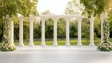 Grecian Columns with Lush Greenery Tall, white Grecian columns surrounded by greenery and pastel-colored blooms, creating a timeless, luxurious look that is both airy and grand.