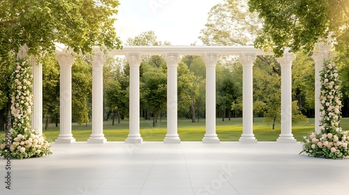 Grecian Columns with Lush Greenery Tall, white Grecian columns surrounded by greenery and pastel-colored blooms, creating a timeless, luxurious look that is both airy and grand. photo