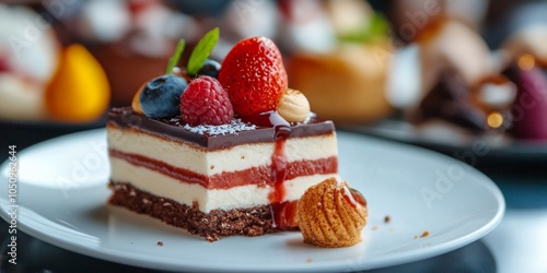A delicious dessert slice on a stylish plate. The dessert features layers of cream, fruit, and chocolate, showcasing vibrant colors. Perfect for food photography or culinary art. AI