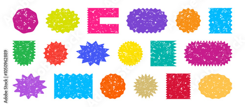 Sticker starburst shape crayon art, label colorful star chalk design, sale price tag, sun grunge badge, discount icon isolated on white background. Pastel banner hand drawn. Vector illustration