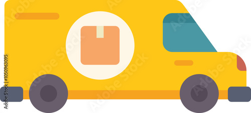 Simple flat illustration of a yellow delivery van transporting a package, representing the concept of shipping and logistics