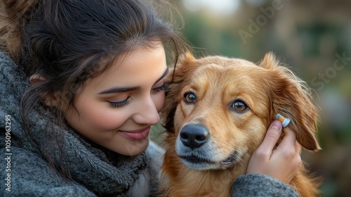 A woman affectionately interacts with her golden retriever.