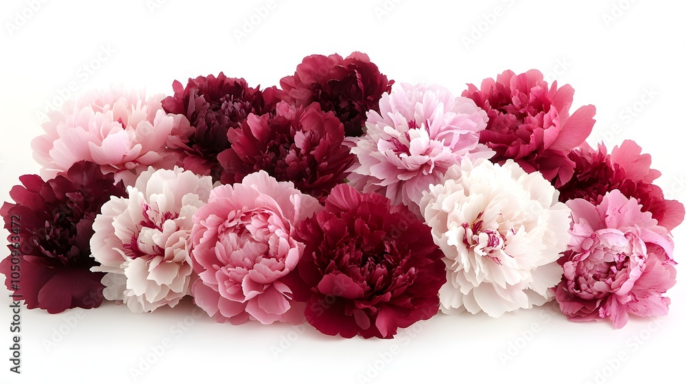 Close-up of multiple peony flowers in various shades of pink, high contrast against white background, springtime freshness Close-up of multiple peony flowers in various shades of pink, high contrast against white background, springtime freshness