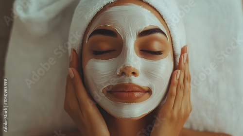 Elegant top-down view of a spa, a professional cosmetologist applying a rejuvenating mask to a peaceful client's face, calming tones and soft lighting