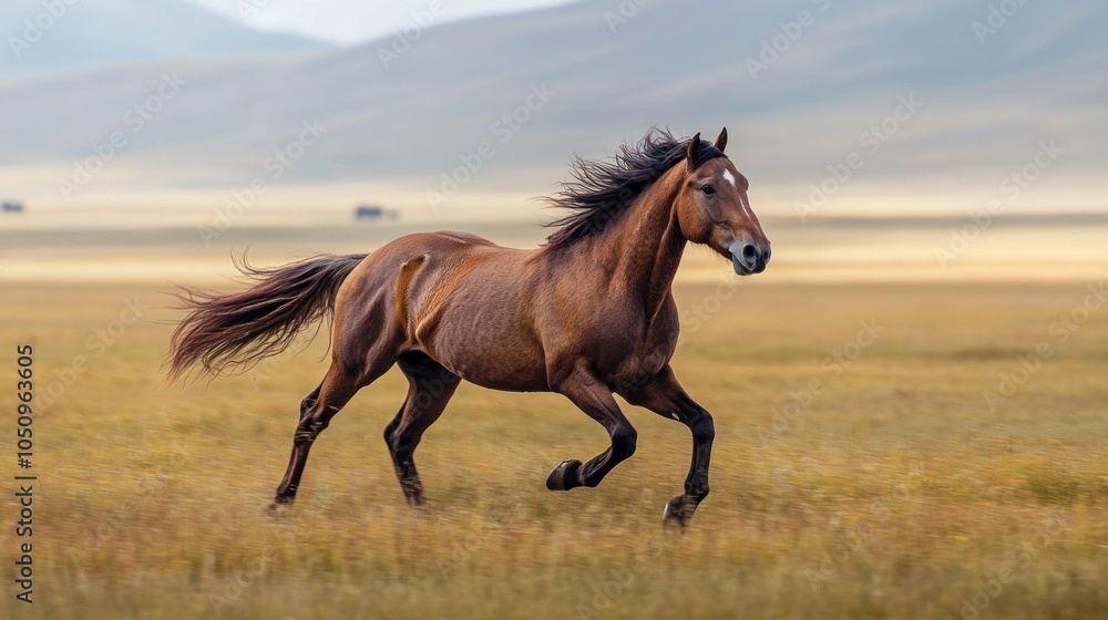 Bay Horse Running Through a Golden Meadow Bay Horse Running Through a Golden Meadow