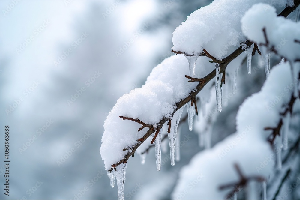 Close-up of snowy branch with icicles hanging, set against a soft winter background in a serene environment Close-up of snowy branch with icicles hanging, set against a soft winter background in a serene environment