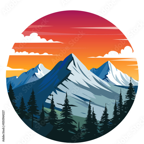 Circular Closeup of a Sunset Portrait of the mountains with pine trees in pastel colors vector