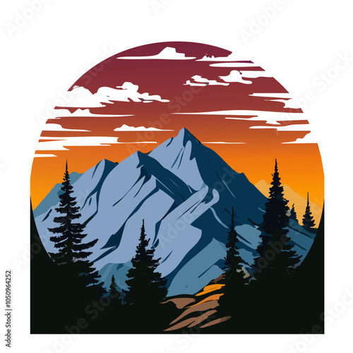 Sunset of the mountains with pine trees in pastel colors vector