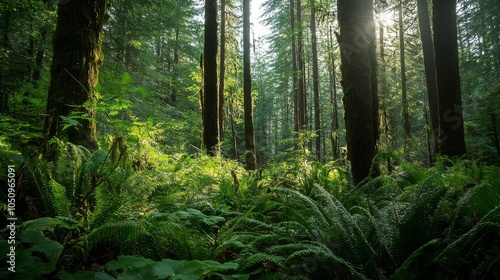 Environmental justice represented by a tranquil forest scene where diverse flora thrives in a protected wilderness area, Signifying conservation and biodiversity, photography style