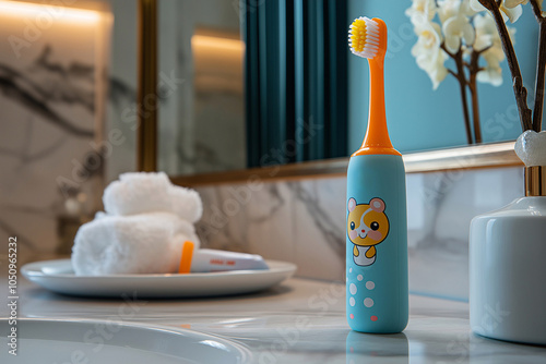 electric children's toothbrush with a pattern in the bathroom