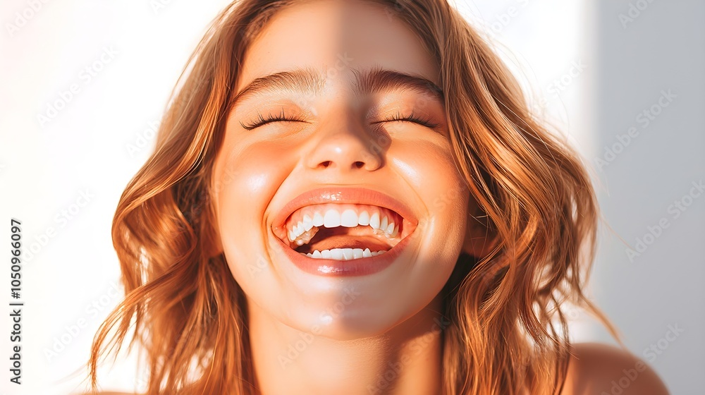 Laughing girl with bright eyes, studio-lit against a white backdrop, youthful energy and happiness conveyed, perfect for ad campaigns Laughing girl with bright eyes, studio-lit against a white backdrop, youthful energy and happiness conveyed, perfect for ad campaigns