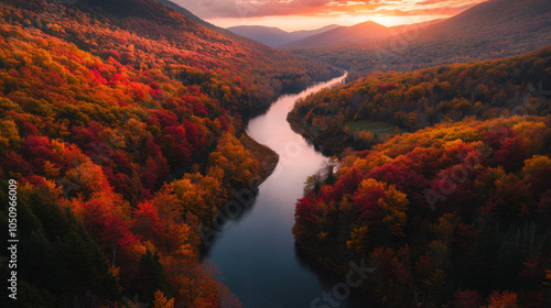 An aerial view captures rolling hills blanketed in vibrant autumn foliage, with fiery reds and deep oranges extending endlessly. A winding river snakes through the valley.
