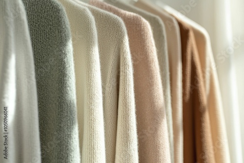 Cashmere Touch, sophisticated fashion display, dramatic shadows, smooth cashmere garments elegantly hung
