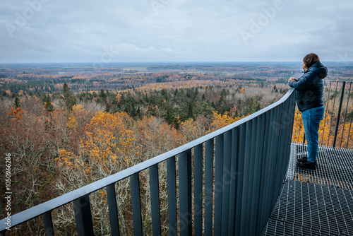 Canvas-taulu A person stands on an observation deck, looking out at a vast autumn forest with vibrant orange, yellow, and green trees
