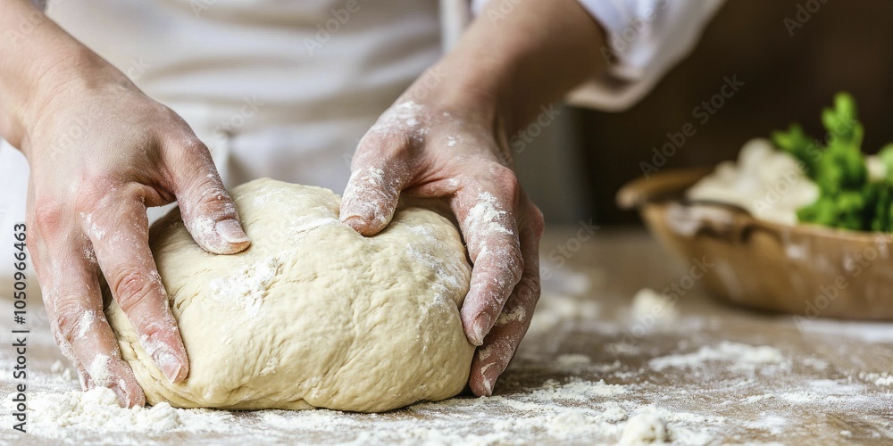 Hands kneading dough, showcasing tactile engagement in cooking, warm kitchen atmosphere, inviting lighting, action shot Hands kneading dough, showcasing tactile engagement in cooking, warm kitchen atmosphere, inviting lighting, action shot