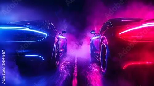 Police cars in pursuit, seen from overhead in heavy fog, neon underglow lighting the roads, Futuristic style, dark city streets, fast motion blur, vibrant blue and red hues photo