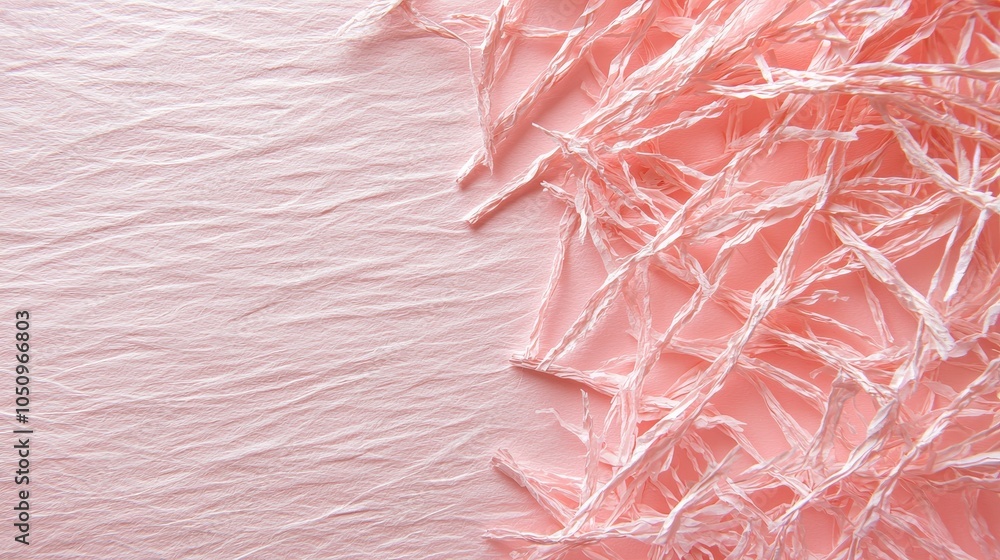 Fototapeta premium Handcrafted mulberry paper in soft light pink, showcasing rich texture and delicate fibers, ideal for a natural, textured background effect