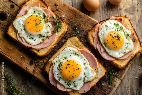 Croque monsieur and croque madame sandwiches with sliced ham, melted emmental cheese and egg, French toasts. Wooden background. Top view  photo