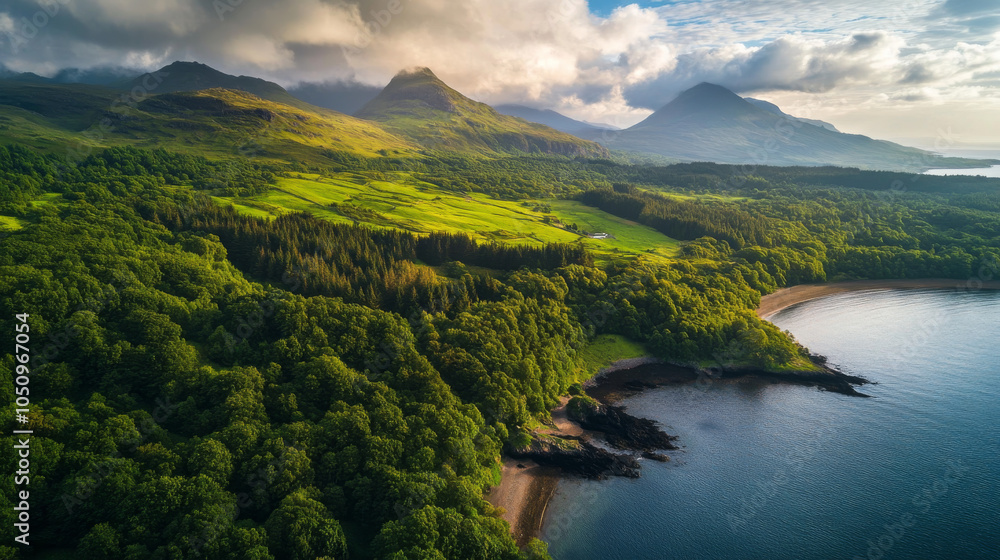 From above, a mountainous island showcases its rugged coastline, vast stretches of green grasslands, and thick forests, all framed by the deep blue waters of the surrounding sea. From above, a mountainous island showcases its rugged coastline, vast stretches of green grasslands, and thick forests, all framed by the deep blue waters of the surrounding sea.