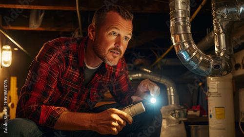 man inspects furnace and heat exchanger with flashlight in dimly lit basement, showcasing attention to detail and safety photo