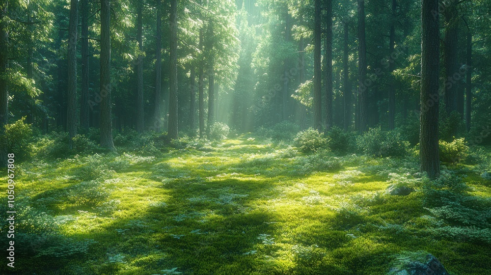 Obraz premium Serene forest with sunlight filtering through trees, creating tranquility.