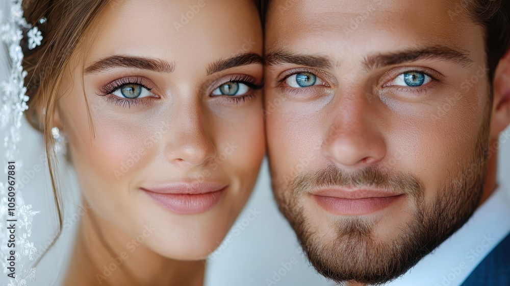 Capturing the essence of love a close-up portrait of a happy couple on their wedding day radiating joy and connection with stunning blue eyes and natural beauty