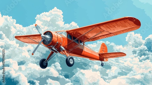 Retro airplane flying at low altitude over clouds, flat vector art, vibrant colors, detailed wings and propeller photo