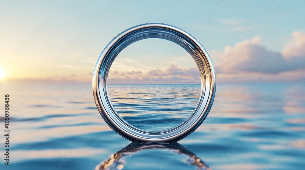 A sleek metallic porthole framing a tranquil ocean view, sun rays reflecting off the calm waves, soft clouds in the distance, minimalistic and serene design A sleek metallic porthole framing a tranquil ocean view, sun rays reflecting off the calm waves, soft clouds in the distance, minimalistic and serene design