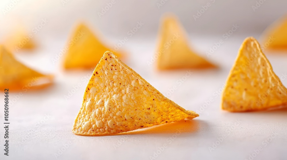 Close-up of golden tortilla chips with delicate shadows on a white surface, emphasizing texture, color gradients, and the crunch appeal Close-up of golden tortilla chips with delicate shadows on a white surface, emphasizing texture, color gradients, and the crunch appeal