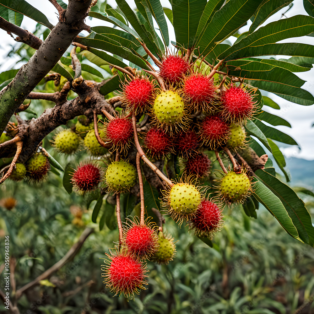 Branch of a rambutan tree Nephelium lappaceum with ripe fruits Branch of a rambutan tree Nephelium lappaceum with ripe fruits