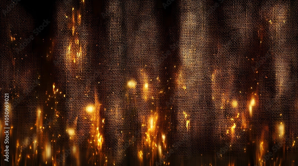 Flames consuming a burlap curtain, rustic fabric with visible scorch marks and intense orange fire, evoking concepts of danger and destruction Flames consuming a burlap curtain, rustic fabric with visible scorch marks and intense orange fire, evoking concepts of danger and destruction