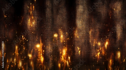 Flames consuming a burlap curtain, rustic fabric with visible scorch marks and intense orange fire, evoking concepts of danger and destruction