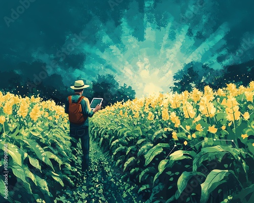 Dynamic portrayal of a farmer with a digital tablet among rows of crops photo