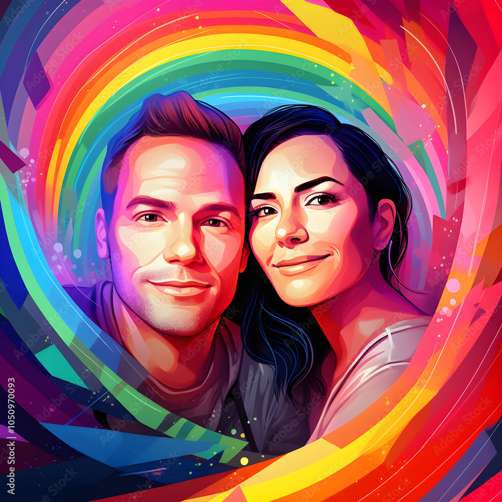 Obraz premium Paarporträt mit buntem Regenbogen-Hintergrund - KI generiert