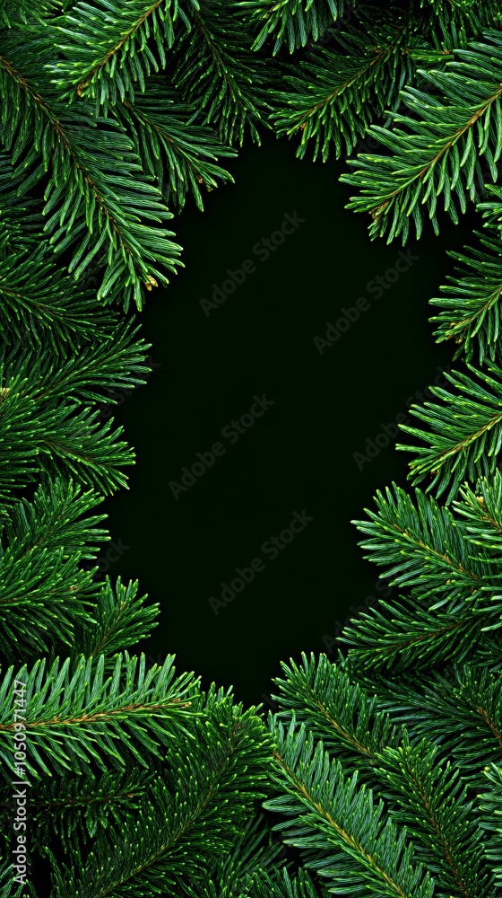 Close-up of vibrant green fir tree branches against a dark background, highlighting needle details. Close-up of vibrant green fir tree branches against a dark background, highlighting needle details.