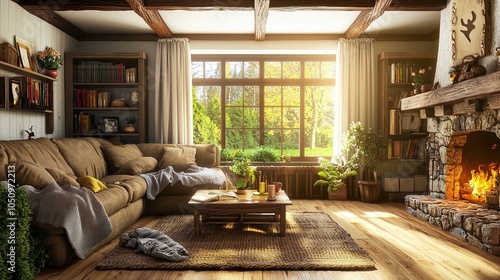 Warm and Cozy Living Room with Rustic Beams and Stone Fireplace - Generative AI