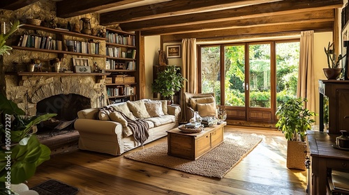 Warm and Cozy Living Room with Rustic Beams and Stone Fireplace - Generative AI