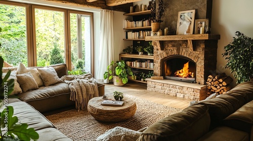 Warm and Cozy Living Room with Rustic Beams and Stone Fireplace - Generative AI