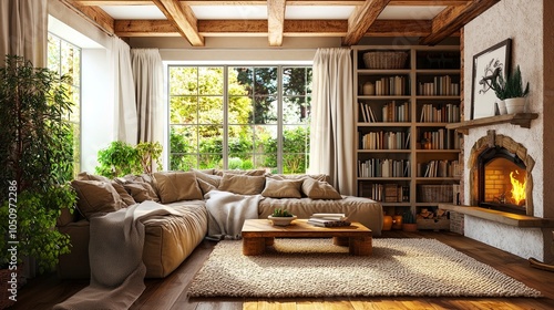 Warm and Cozy Living Room with Rustic Beams and Stone Fireplace - Generative AI