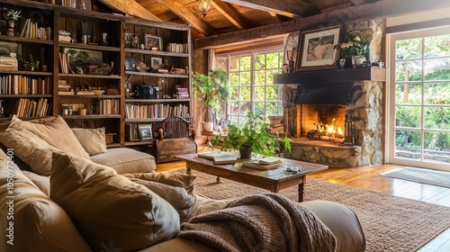Warm and Cozy Living Room with Rustic Beams and Stone Fireplace - Generative AI