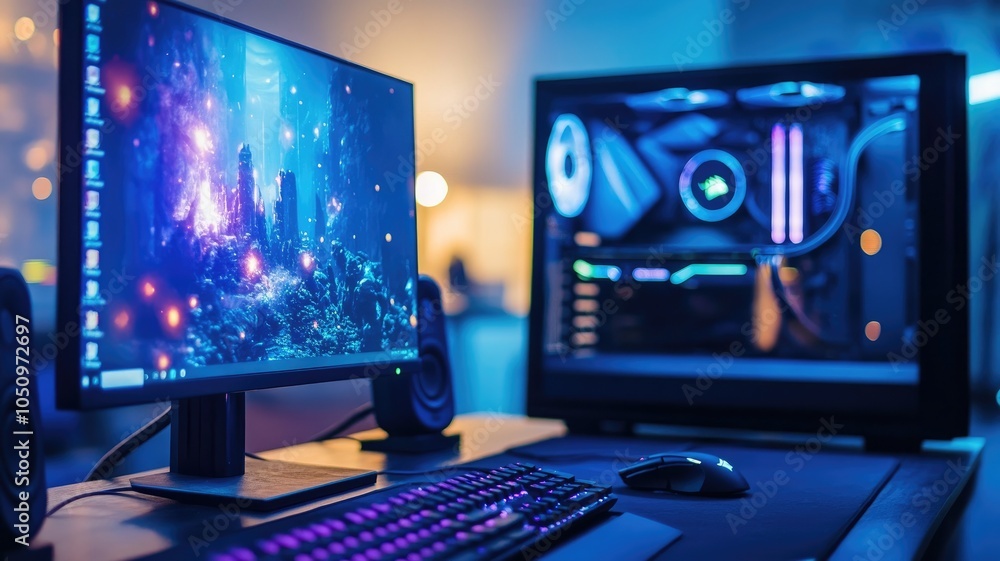 High-end gaming PC setup with RGB lighting, accessories on desktop High-end gaming PC setup with RGB lighting, accessories on desktop